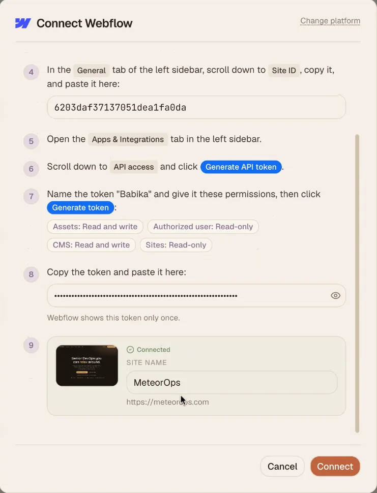 The connect dialog showing a verified connection with the site name and URL confirmed