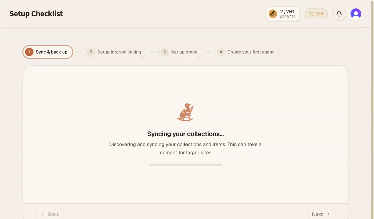 The setup checklist syncing collections from the connected CMS
