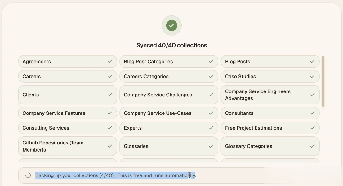 All 40 collections synced, with the automatic content backup running underneath
