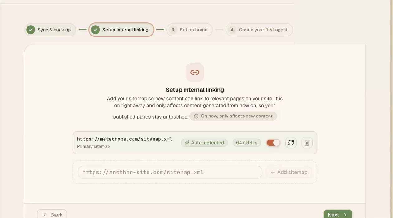 The internal linking step with the auto-detected sitemap and an input to add another sitemap