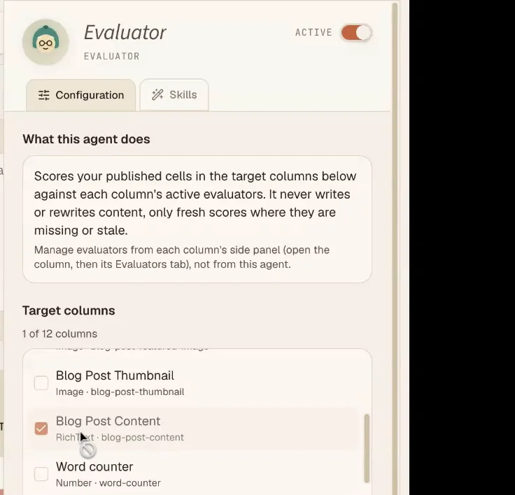 The Evaluator agent configuration: what it does, target columns, and cadence