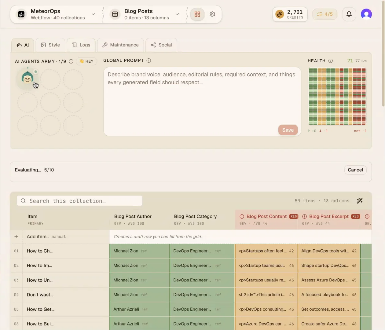 The collection view while the evaluator agent runs, with the health panel and evaluation progress